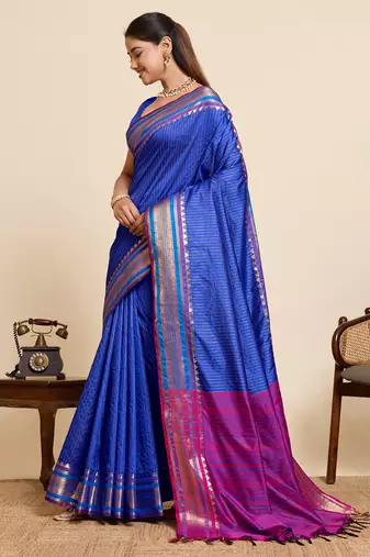 blue zari work silk blend saree with blouse