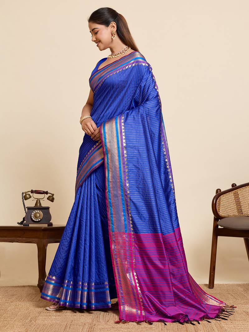 blue zari work silk blend saree with blouse