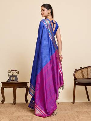 blue zari work silk blend saree with blouse 4