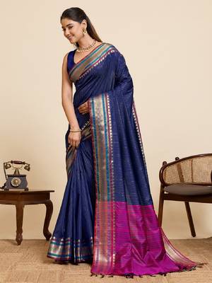 navy blue zari work silk blend saree with blouse 1