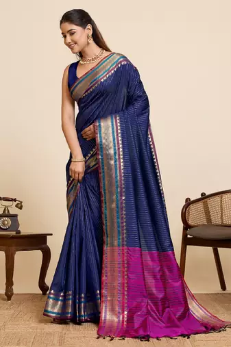 navy blue zari work silk blend saree with blouse
