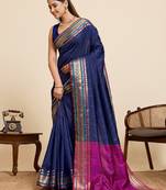 navy blue zari work silk blend saree with blouse