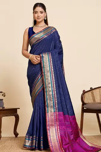 navy blue zari work silk blend saree with blouse