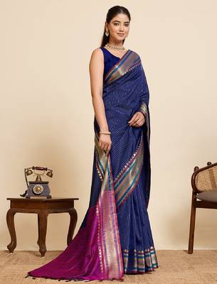 navy blue zari work silk blend saree with blouse 3