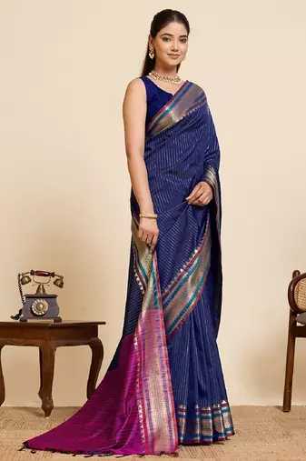 navy blue zari work silk blend saree with blouse