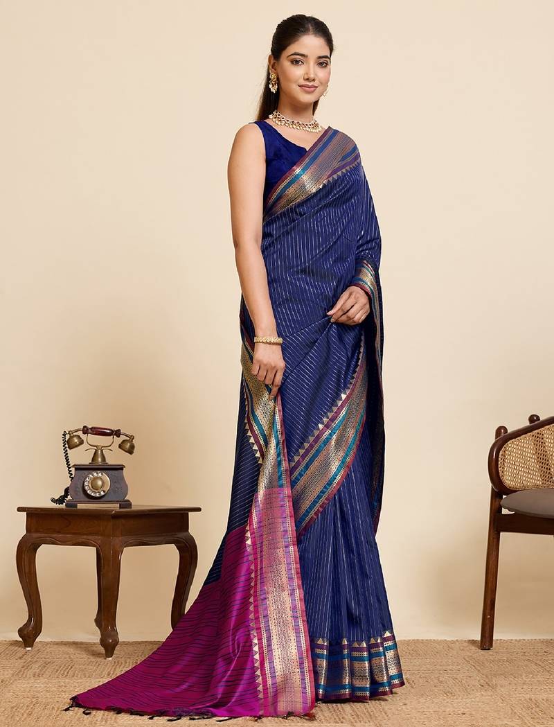 navy blue zari work silk blend saree with blouse
