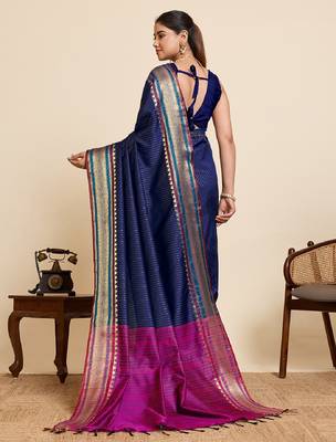 navy blue zari work silk blend saree with blouse 4