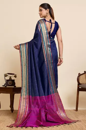 navy blue zari work silk blend saree with blouse
