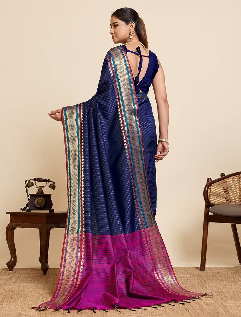 navy blue zari work silk blend saree with blouse