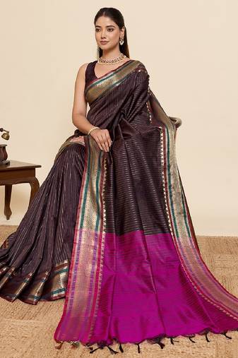 brown zari work silk blend saree with blouse
