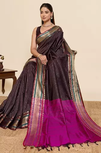 brown zari work silk blend saree with blouse