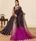 brown zari work silk blend saree with blouse