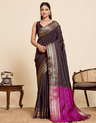 brown zari work silk blend saree with blouse 2