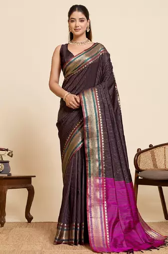 brown zari work silk blend saree with blouse