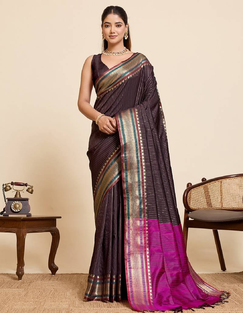brown zari work silk blend saree with blouse