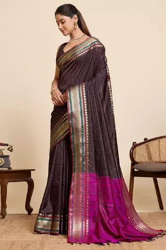 brown zari work silk blend saree with blouse