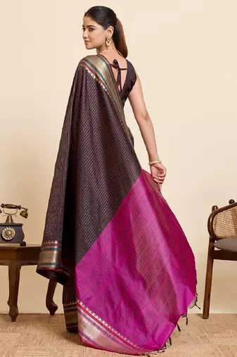 brown zari work silk blend saree with blouse