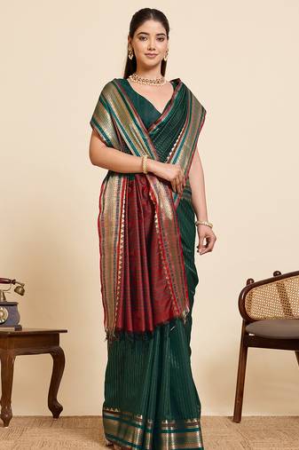 dark green zari work silk blend saree with blouse