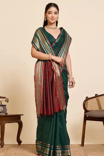 dark green zari work silk blend saree with blouse