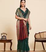 dark green zari work silk blend saree with blouse