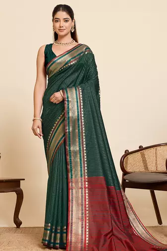 dark green zari work silk blend saree with blouse