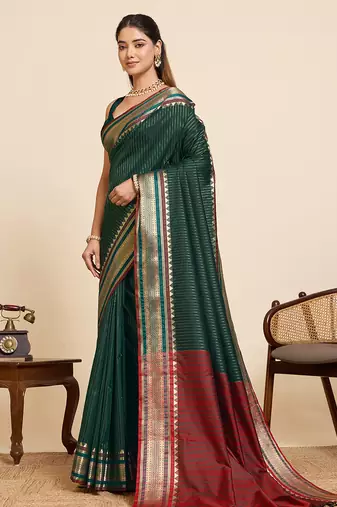 dark green zari work silk blend saree with blouse