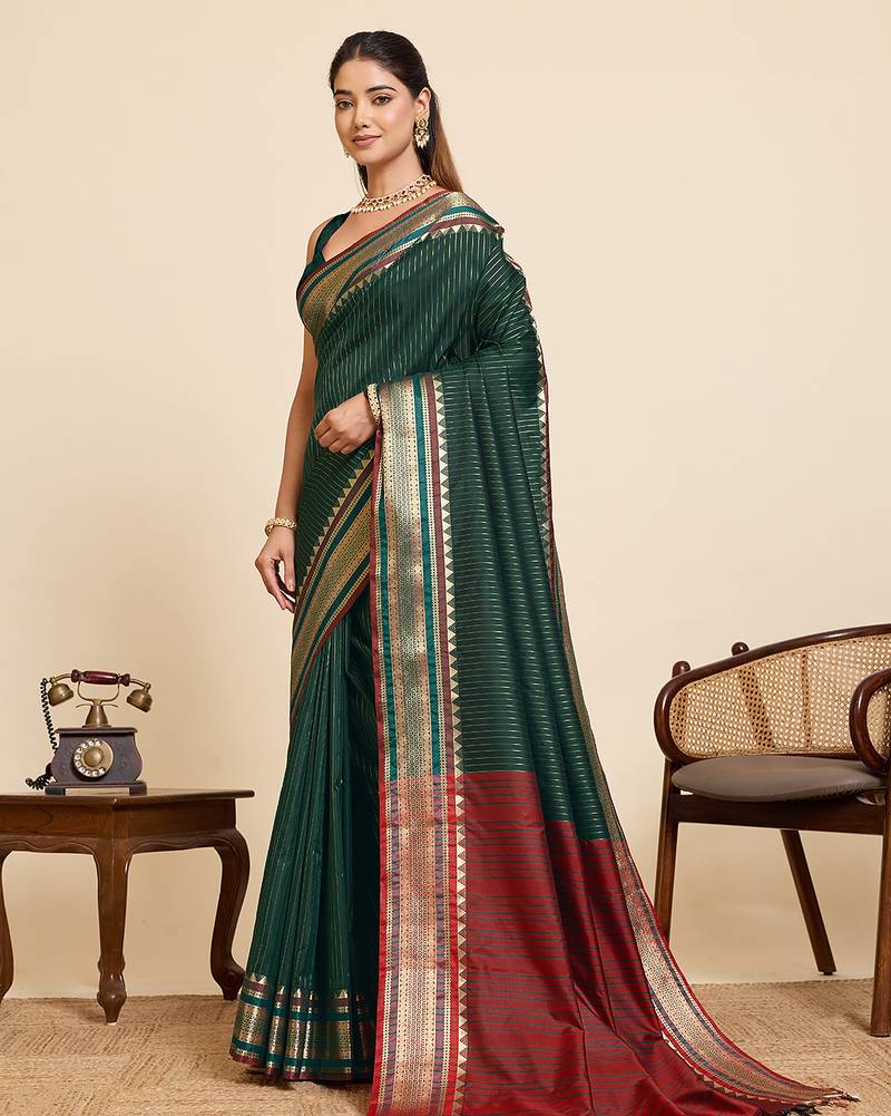 dark green zari work silk blend saree with blouse