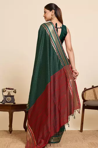 dark green zari work silk blend saree with blouse