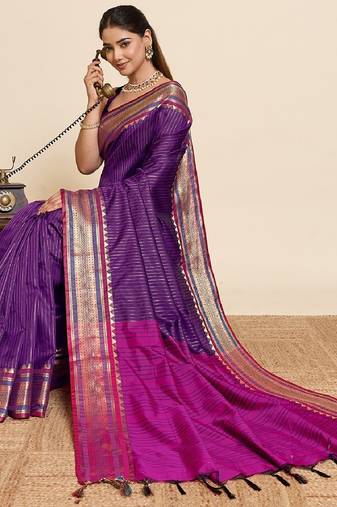 purple zari work silk blend saree with blouse