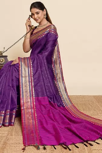 purple zari work silk blend saree with blouse