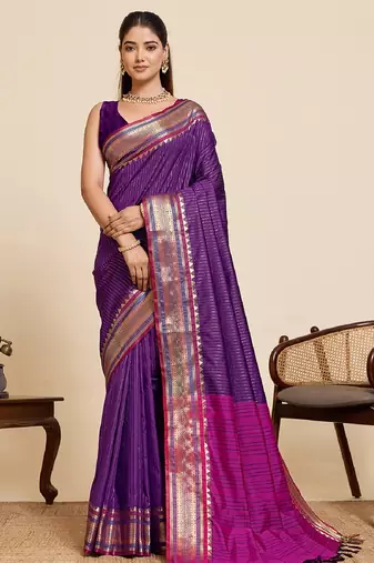 purple zari work silk blend saree with blouse
