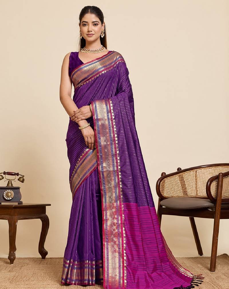 purple zari work silk blend saree with blouse
