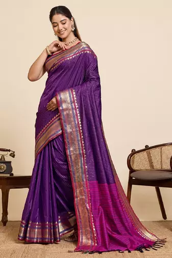 purple zari work silk blend saree with blouse