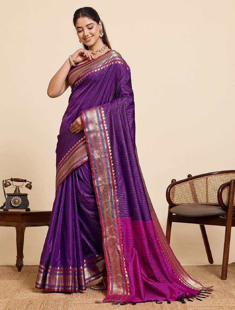 purple zari work silk blend saree with blouse