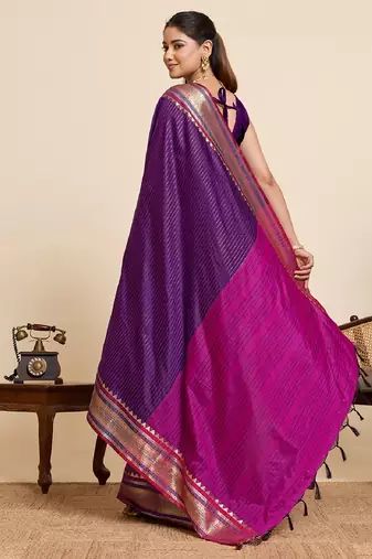 purple zari work silk blend saree with blouse