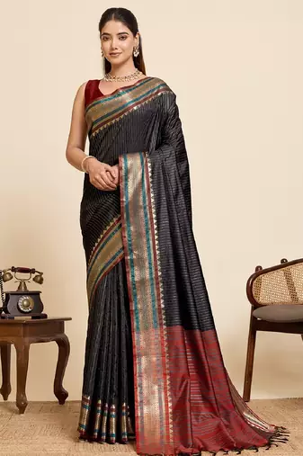 Black zari work pure silk saree with blouse
