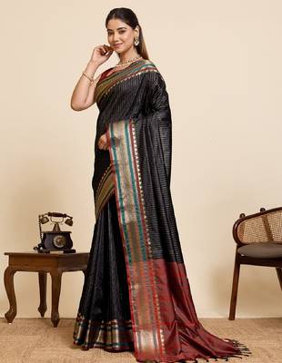 Black zari work pure silk saree with blouse 3