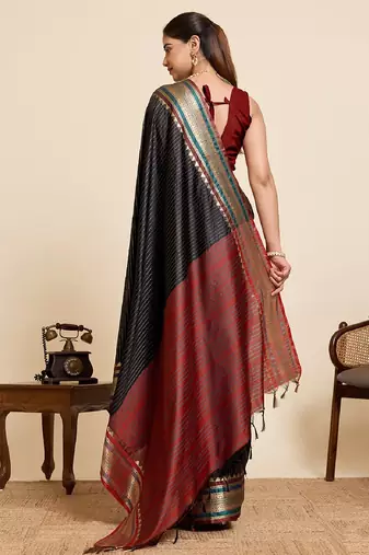 Black zari work pure silk saree with blouse