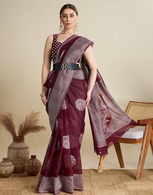 Maroon zari work silk blend saree with blouse 1