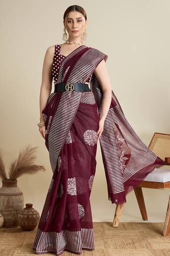Maroon zari work silk blend saree with blouse