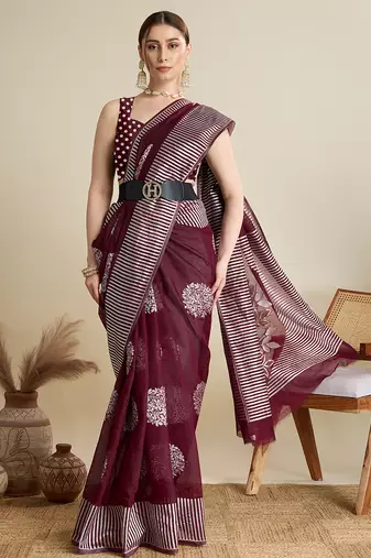 Maroon zari work silk blend saree with blouse