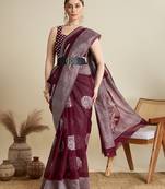 Maroon zari work silk blend saree with blouse