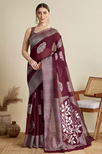Maroon zari work silk blend saree with blouse