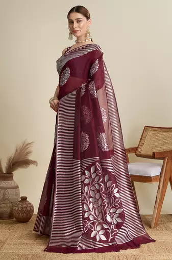 Maroon zari work silk blend saree with blouse