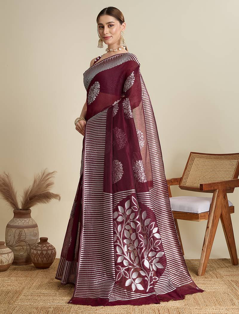 Maroon zari work silk blend saree with blouse