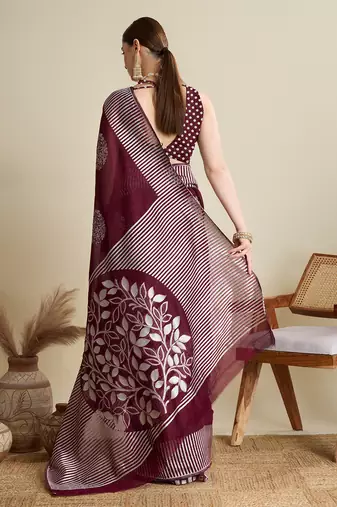 Maroon zari work silk blend saree with blouse