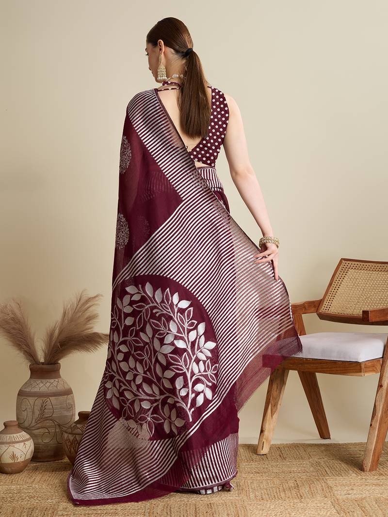 Maroon zari work silk blend saree with blouse