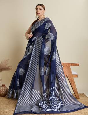Navy blue zari work silk blend saree with blouse 1