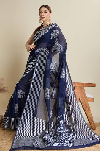 Navy blue zari work silk blend saree with blouse