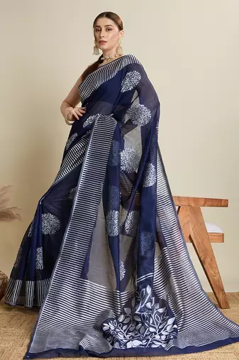 Navy blue zari work silk blend saree with blouse